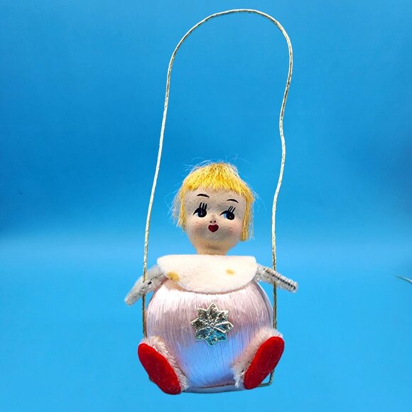 Vintage 1960s Satin Ball Angel Ornament Foil Wings Spun Cotton Composite Face v4 - Picture 3 of 8